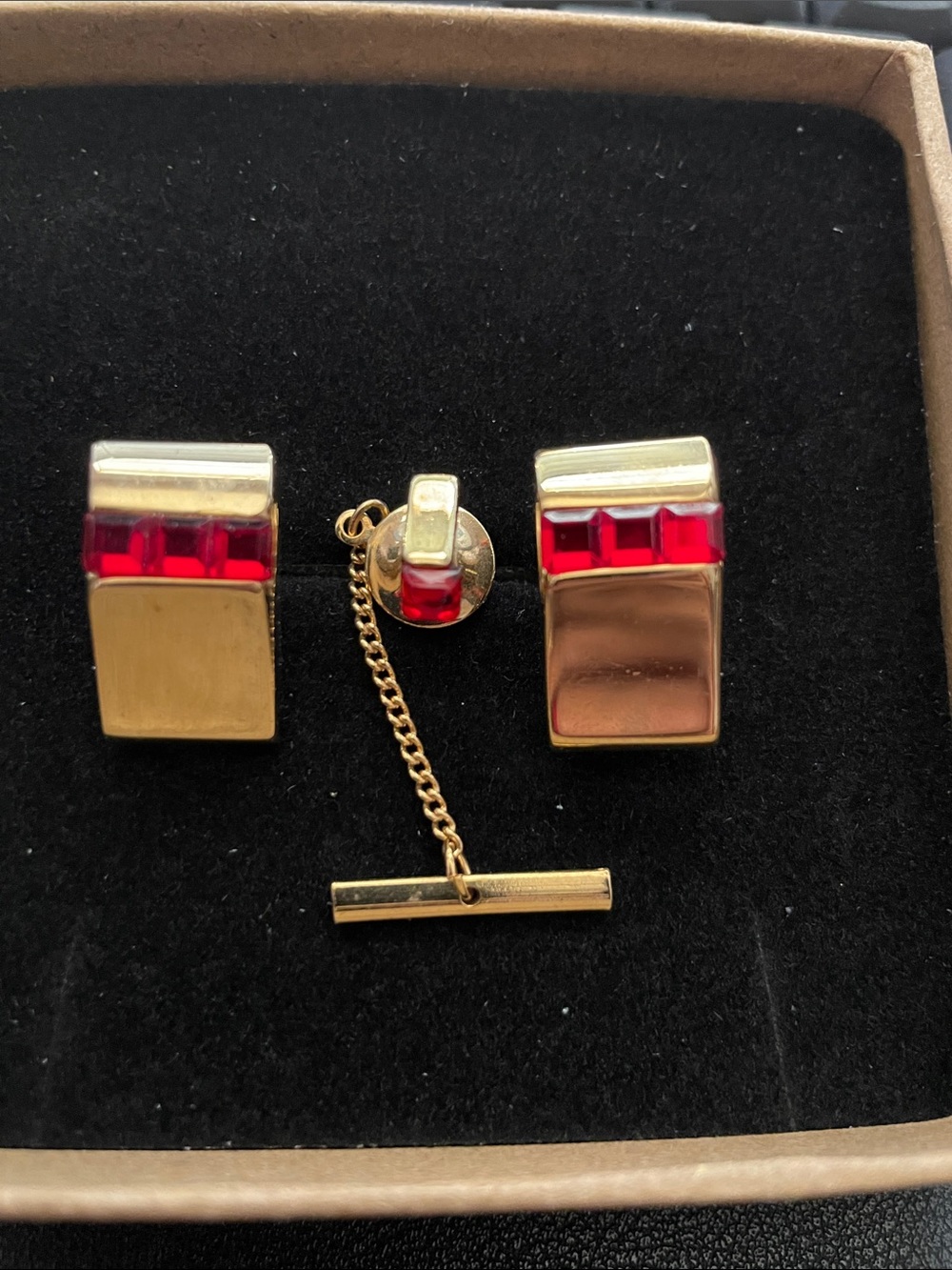 Vintage  Gold Tone Cufflinks with Reds stones and matching tie tack
